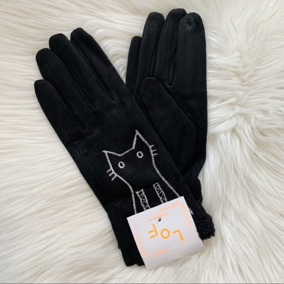 Black Smart Touch Gloves Cat Embroidered - Picture 2 of 4